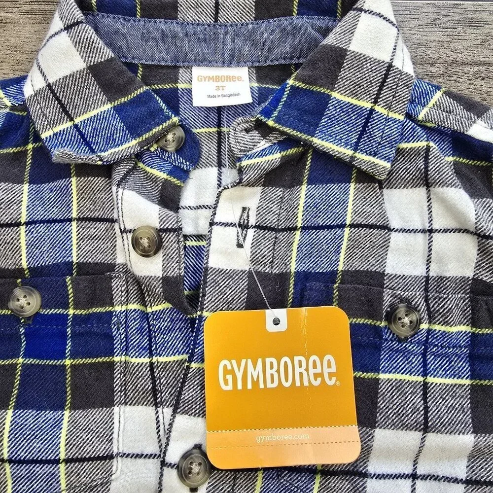 NWT Gymboree Flannel Button Up Shirt Boys Size 3T Plaid Grid Pattern Blue Gray